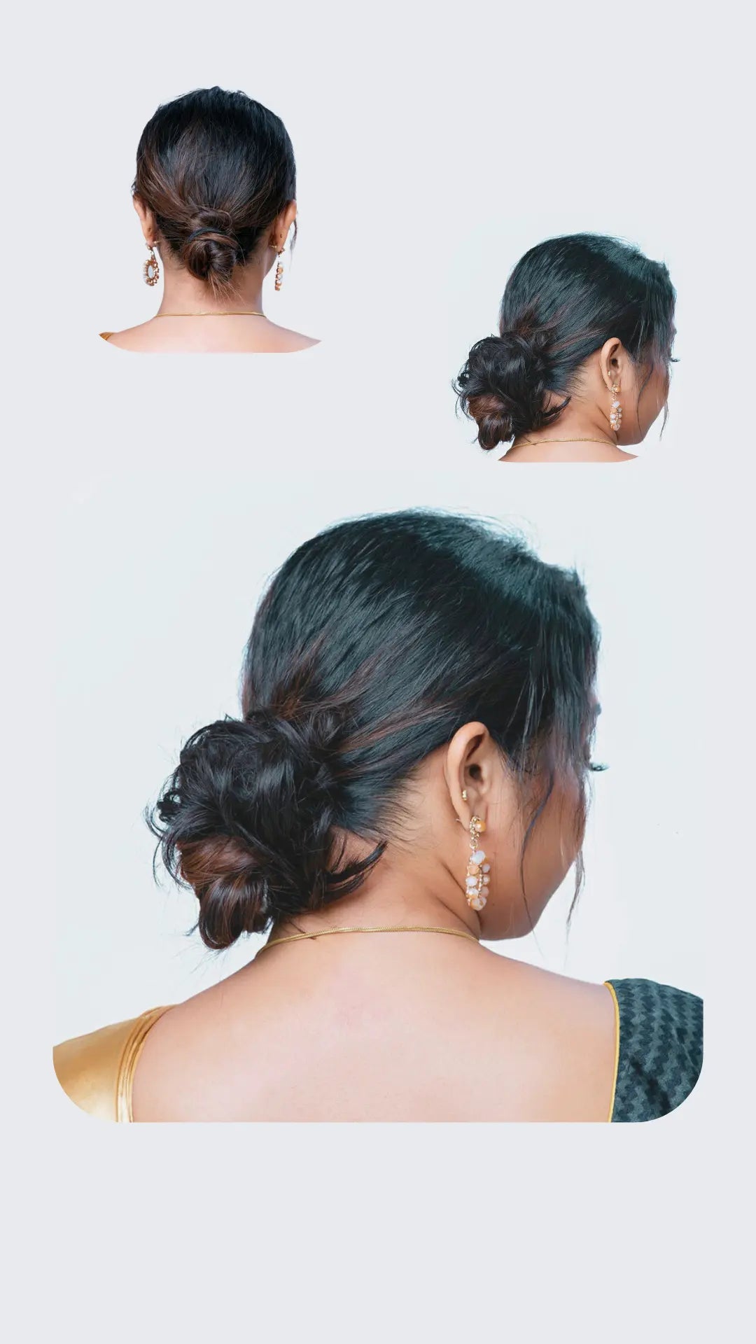 Back and side view of an elegant low bun hairstyle, possibly styled with hair extensions, showcasing intricate details and gold dangling earrings.