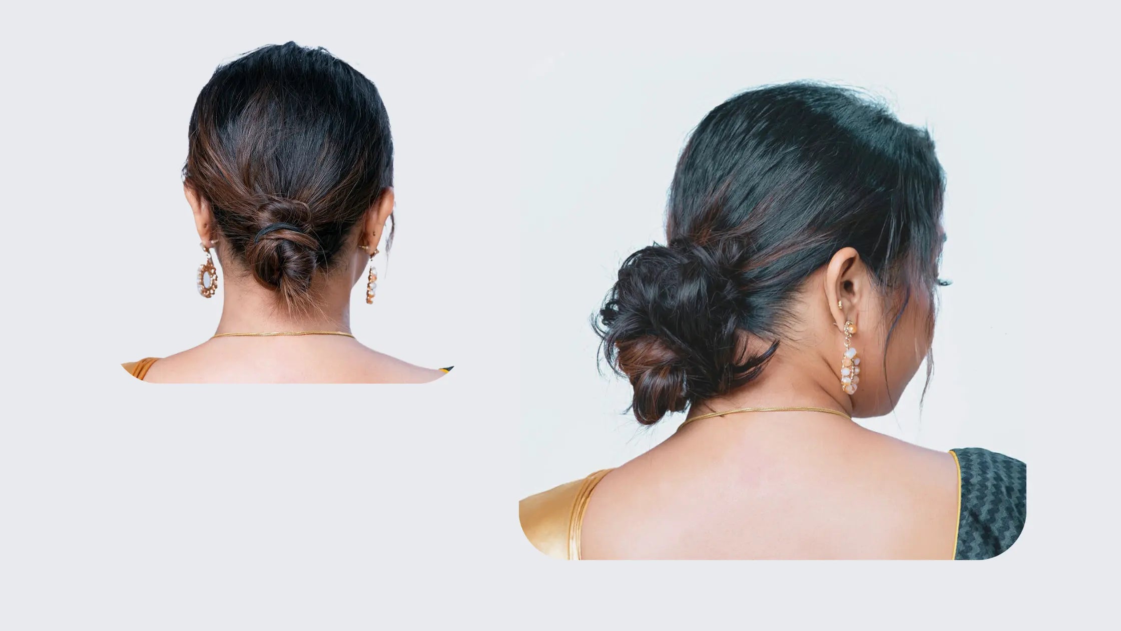 Back and side view of an elegant low bun hairstyle, possibly styled with hair extensions, showcasing intricate details and gold dangling earrings.